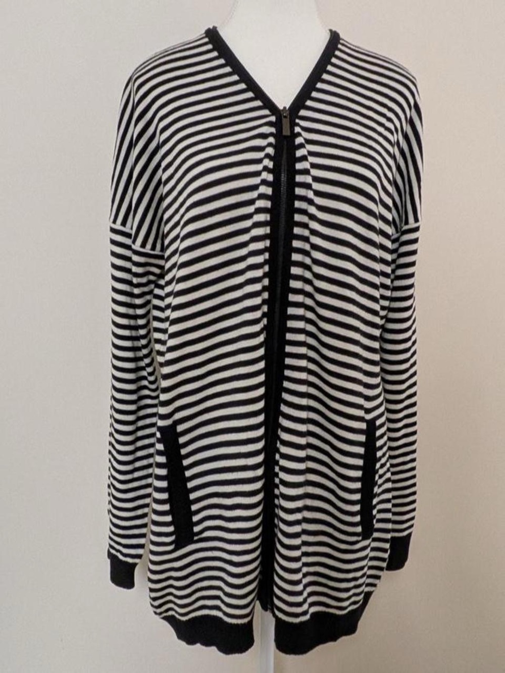 Kenneth Cole Black & White Striped Zip-Front Cardigan Jacket